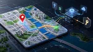 Mappa digitale con pin, percorso e connessioni API che rappresentano Google Maps API