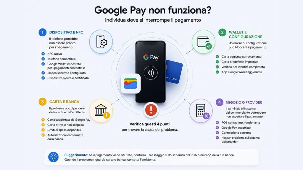 Google Pay: cos'è, come funziona e come pagare con Google Wallet 2 Diagramma dei problemi Google Pay tra smartphone, Wallet, carta, banca e commerciante