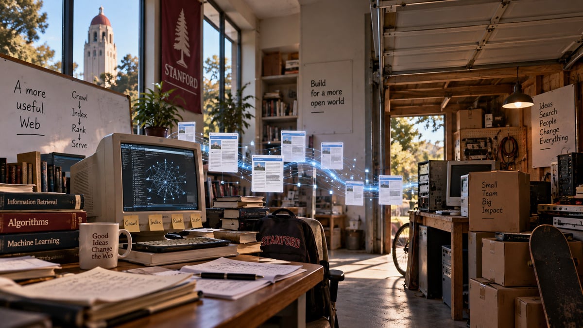 Fondatori di Google: chi sono e come è nato il motore di ricerca 1 Illustrazione del passaggio dal progetto Google a Stanford al primo ufficio in garage