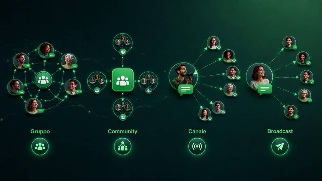 Gruppo WhatsApp: come crearlo, gestirlo, invitare persone ed eliminarlo 1 Differenza visuale tra gruppo, Community, Canale e lista broadcast su WhatsApp