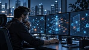 Hacker che analizza reti e sistemi informatici complessi