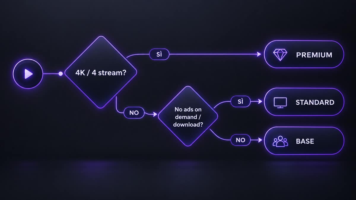 HBO Max: cos’è, come funziona, prezzi, catalogo e alternative 1 Diagramma decisionale per scegliere tra HBO Max Base, Standard e Premium in base a 4K, stream contemporanei, pubblicità e download
