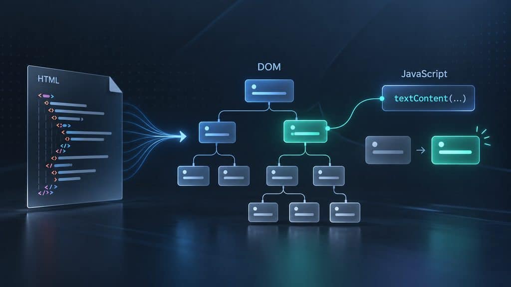 DOM (Document Object Model): cos’è, come funziona e come usarlo con JavaScript 1 Schema del passaggio dall’HTML al DOM e della modifica di un nodo tramite JavaScript