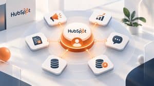 Home 9 Rappresentazione di HubSpot con Smart CRM centrale collegato a marketing, vendite, assistenza, contenuti e dati