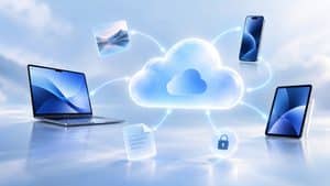 Rappresentazione di iCloud che collega smartphone, tablet e computer attraverso il cloud