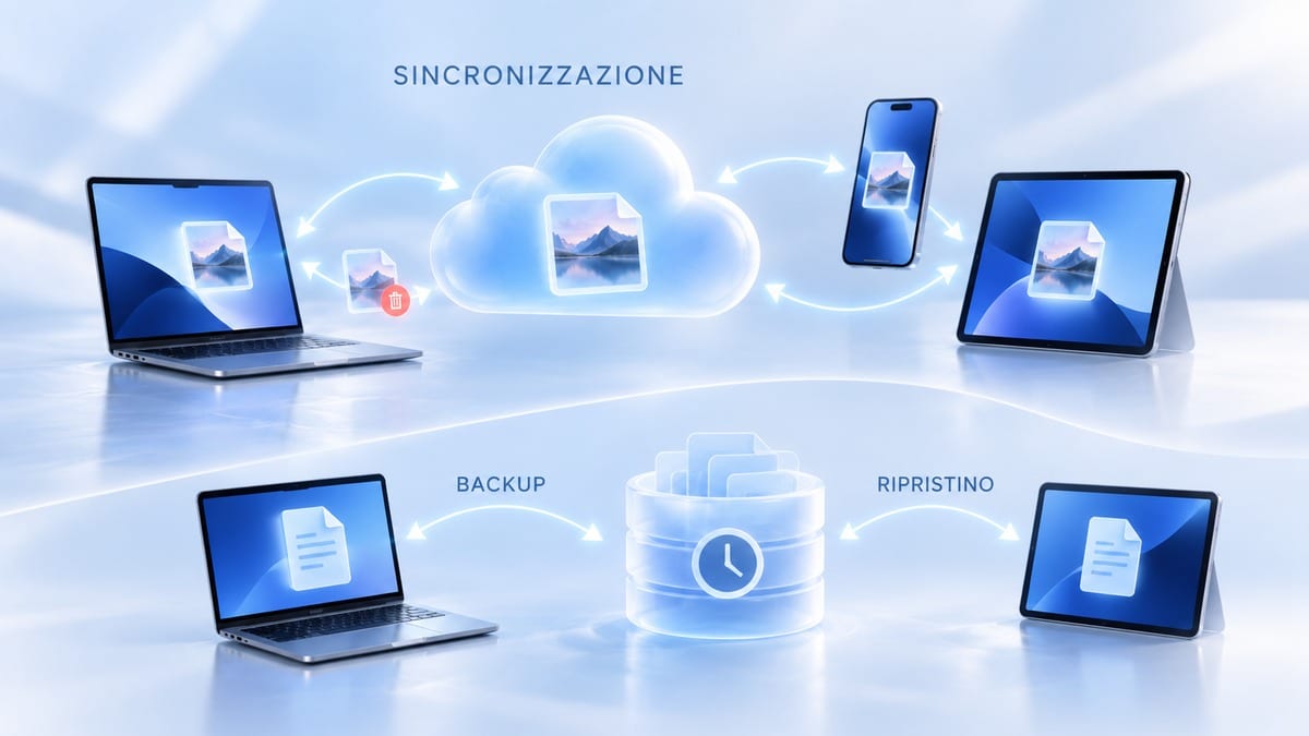 iCloud: cos’è, come funziona, prezzi, spazio e sicurezza 1 Diagramma che confronta sincronizzazione bidirezionale e backup separato con ripristino