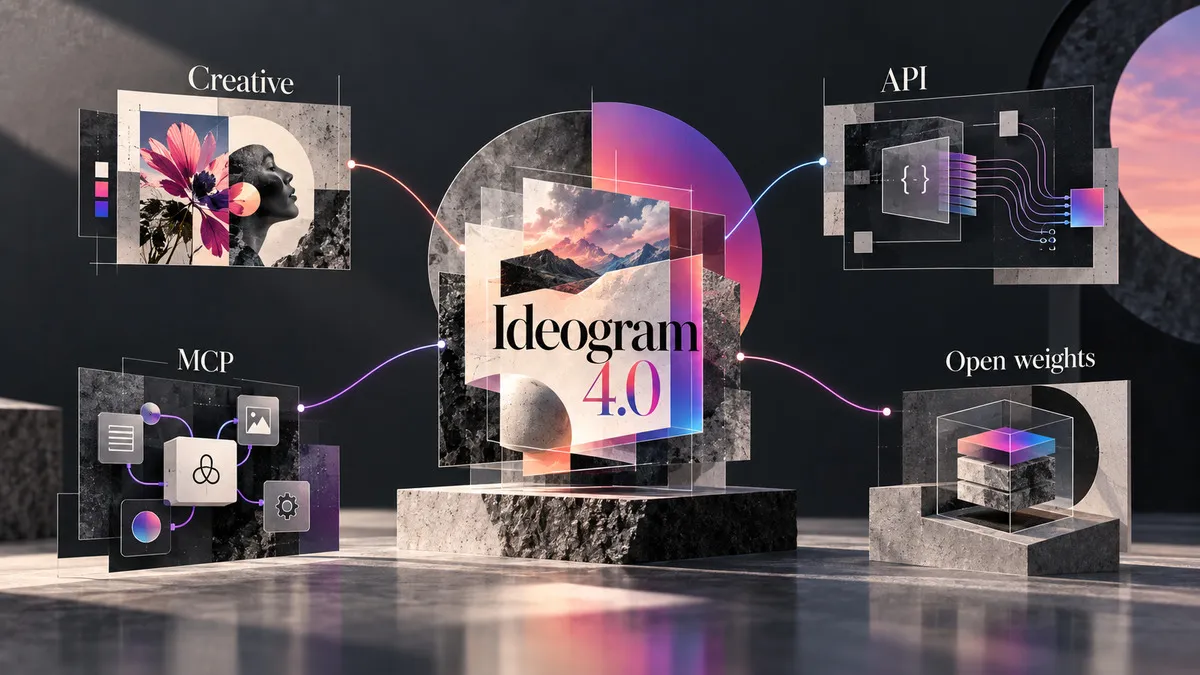 Ideogram AI: cos’è, come funziona, prezzi, limiti e alternative 1 Schema visuale delle quattro modalità d’uso di Ideogram 4.0: Creative, API, MCP e open weights
