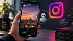 Smartphone con una Story Instagram visualizzata in modo discreto con identità del profilo schermata