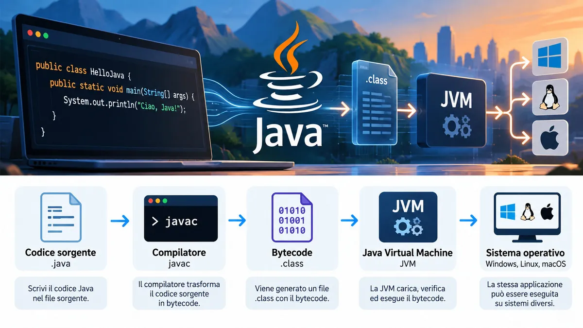 Java: cos’è, come funziona e a cosa serve il linguaggio di programmazione 1 Diagramma del flusso Java da codice sorgente a javac, bytecode, JVM e sistema operativo