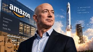 Ritratto editoriale di Jeff Bezos con riferimenti visivi ad Amazon, cloud, spazio e intelligenza artificiale
