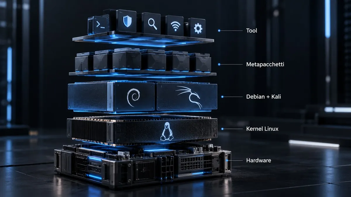 Kali Linux: cos’è, a cosa serve, come installarlo e quando usarlo 1 Schema a livelli di Kali Linux con hardware, kernel Linux, base Debian, metapacchetti e strumenti di sicurezza