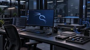 Workstation con Kali Linux in un laboratorio isolato per attività di sicurezza informatica