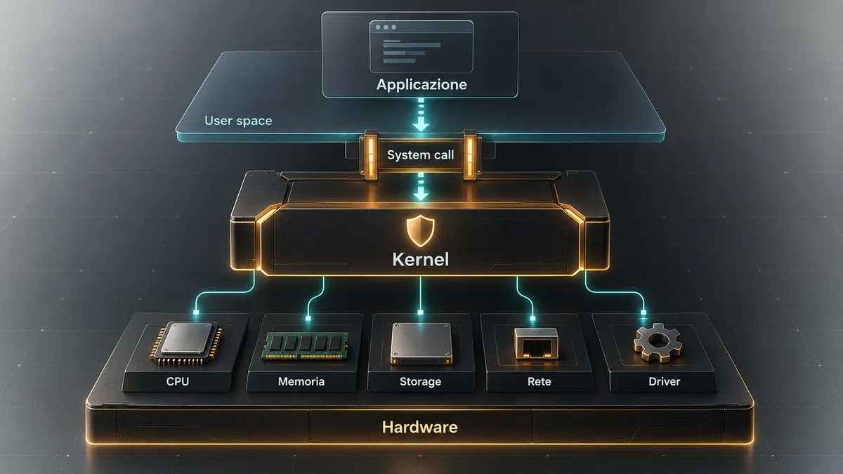 Kernel: cos’è, come funziona, a cosa serve e quali tipi esistono 1 Diagramma del percorso da applicazione e user space attraverso una system call fino al kernel e all’hardware