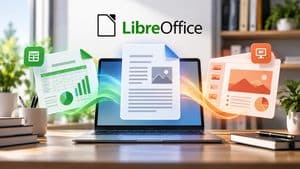 LibreOffice con documenti, fogli di calcolo e presentazioni su un computer desktop