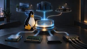 Linux rappresentato attraverso Tux e l’architettura che collega kernel, hardware e ambienti software
