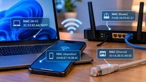 Home 7 Laptop, smartphone, router e cavo Ethernet con esempi di indirizzi MAC associati alle diverse interfacce di rete