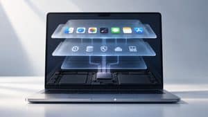 Mac rappresentato con livelli visivi che collegano applicazioni, sistema operativo e hardware