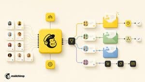 Home 8 Mailchimp rappresentato come sistema che collega contatti, segmentazione, email e automazioni