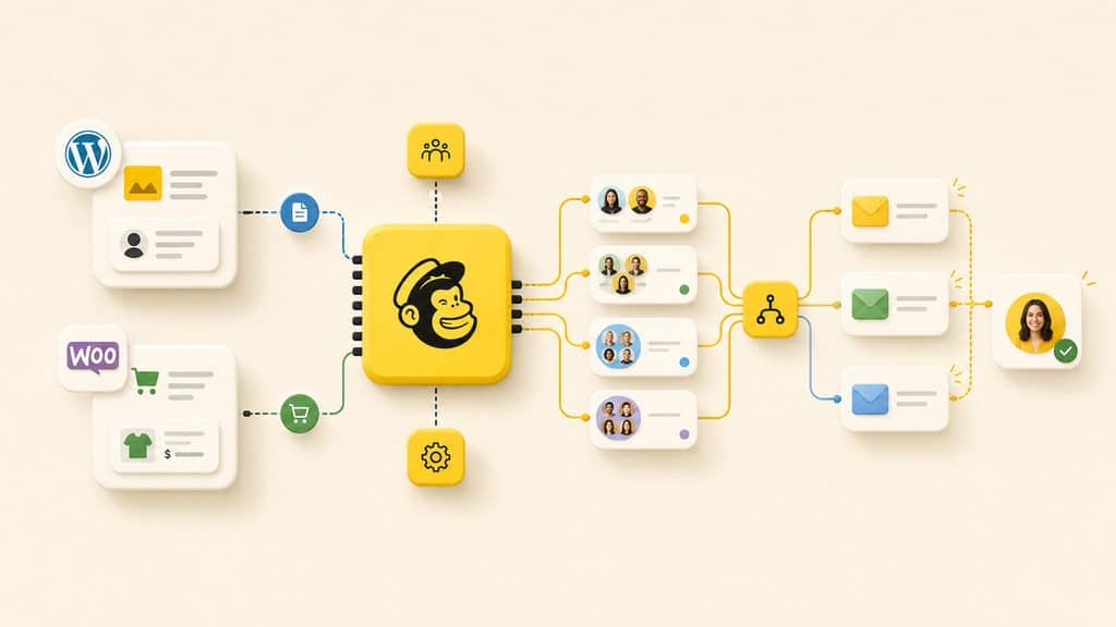 Mailchimp: cos'è, come funziona, prezzi e come usarlo per l'email marketing 2 Flusso di dati tra WordPress, WooCommerce e Mailchimp per segmentazione e automazioni ecommerce
