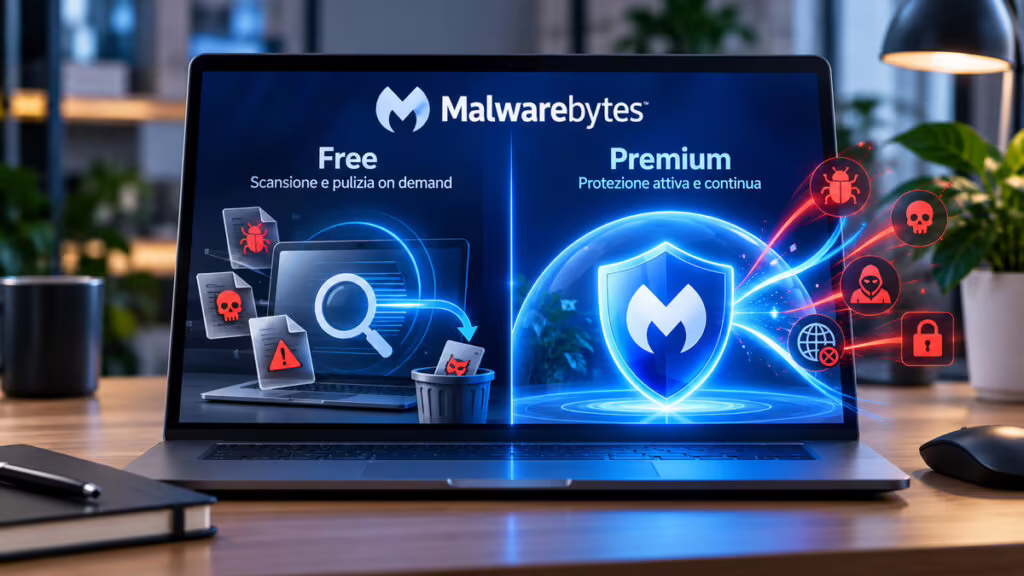 Malwarebytes: cos’è, come funziona, Free vs Premium e quando usarlo 1 Confronto illustrativo tra Malwarebytes Free per scansione e pulizia on demand e Premium per protezione attiva e continua