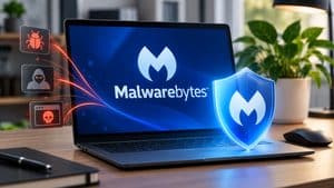 Home 9 Laptop con Malwarebytes e scudo digitale che blocca minacce informatiche
