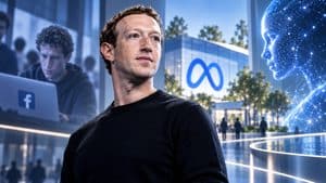 Mark Zuckerberg in primo piano tra riferimenti a Facebook, Meta e intelligenza artificiale