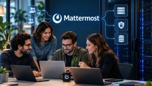Team che usa Mattermost accanto a server aziendali, con riferimenti a utenti, sicurezza e dati.
