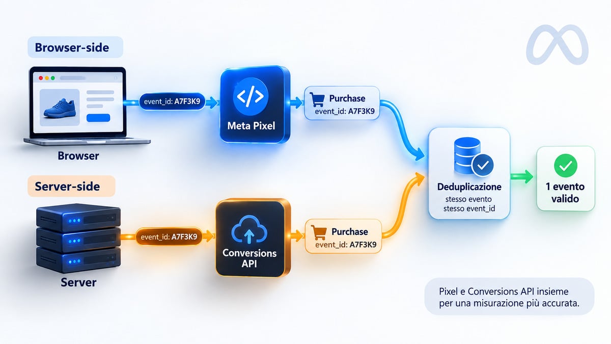 Pixel Facebook (Meta Pixel): cos’è, come funziona e come configurarlo con Conversions API 1 Schema di Meta Pixel e Conversions API che inviano lo stesso evento con event_id per la deduplicazione