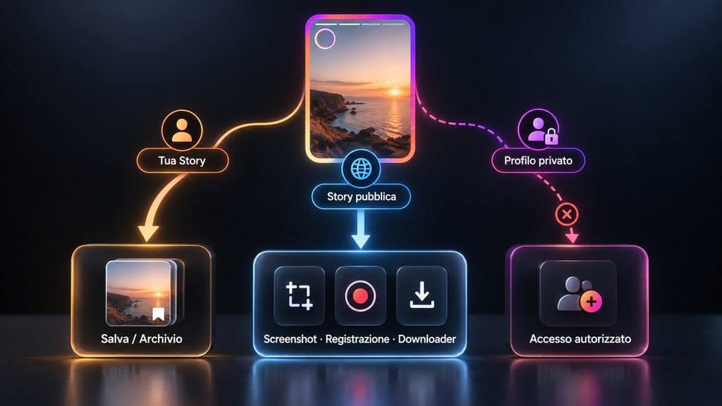 Come scaricare storie Instagram: metodi sicuri per salvarle 1 Schema dei metodi per salvare una propria Story, una Story pubblica e una Story di un profilo privato