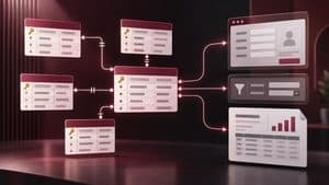 Home 7 Rappresentazione editoriale di un database Microsoft Access con tabelle collegate da relazioni