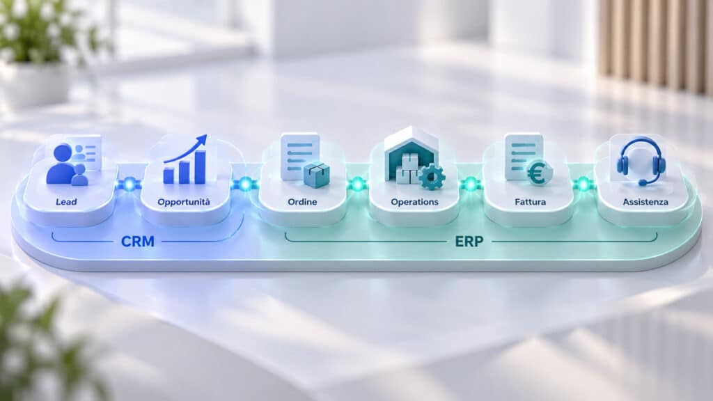 Microsoft Dynamics 365: cos’è, moduli, prezzi, CRM, ERP e alternative 1 Flusso tra CRM ed ERP in Microsoft Dynamics 365