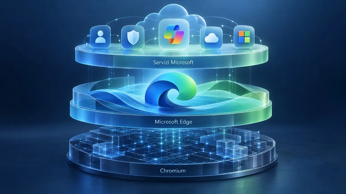 Microsoft Edge: cos’è, come funziona, download e confronto con Chrome, Firefox e Safari 1 Schema visuale della base Chromium con il livello Microsoft Edge e i servizi Microsoft sovrapposti