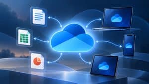 Microsoft OneDrive rappresentato come cloud che collega file, computer e smartphone