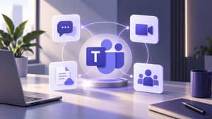 Home 9 Microsoft Teams rappresentato come hub per chat, riunioni, file e collaborazione