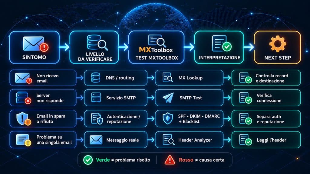 MxToolbox: cos’è, come funziona e cosa puoi controllare davvero 1 Schema per scegliere il test MxToolbox partendo dal sintomo e arrivando al controllo corretto