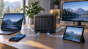 NAS a quattro bay collegato in rete a laptop, smartphone, tablet e monitor