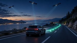 Home 7 Automobile su una strada con segnali satellitari GNSS e percorso di navigazione evidenziato