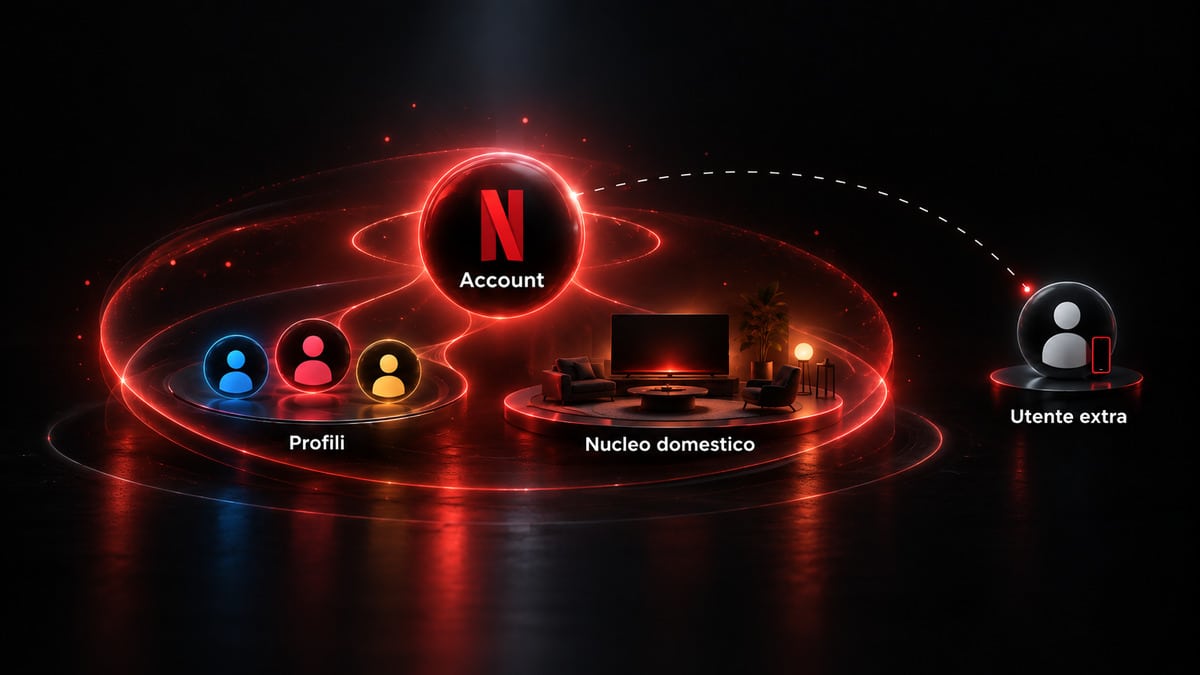 Netflix: cos’è, come funziona, prezzi, piani e quando conviene 1 Diagramma che distingue account, profili, Nucleo domestico e utente extra