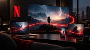 Netflix rappresentato come ecosistema di streaming su TV, smartphone e tablet