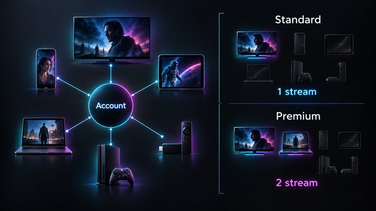 NOW TV (oggi NOW): come funziona, prezzi, Pass, limiti e alternative 1 Diagramma che mostra sei dispositivi associabili a NOW e uno o due stream simultanei in base a Premium