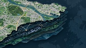 Rappresentazione di una mappa digitale costruita da strade, edifici e layer di dati geografici