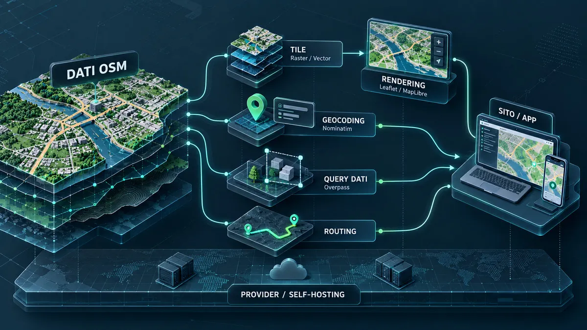 OpenStreetMap: cos’è, come funziona, API, licenza e alternative a Google Maps 1 Diagramma dello stack OpenStreetMap con dati OSM collegati a tile, rendering, geocoding, query e routing fino al sito o all’app