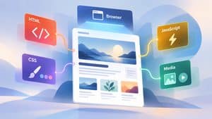Home 9 Illustrazione di una pagina web costruita con HTML, CSS, JavaScript e risorse multimediali e visualizzata nel browser