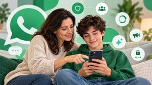 Home 7 Genitore e teenager guardano insieme uno smartphone con simboli di privacy e sicurezza WhatsApp