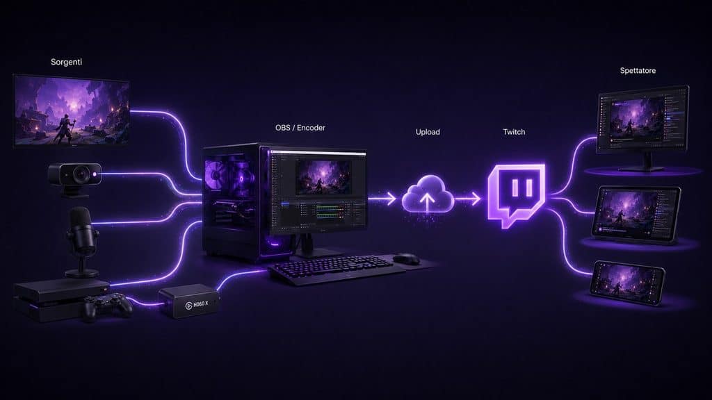 Come streammare su Twitch: guida completa per PC, telefono e console 1 Schema del flusso da gioco, webcam e microfono a OBS, Internet, Twitch e spettatore