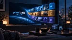 Prime Video rappresentato su uno schermo con diversi livelli di contenuti e dispositivi compatibili