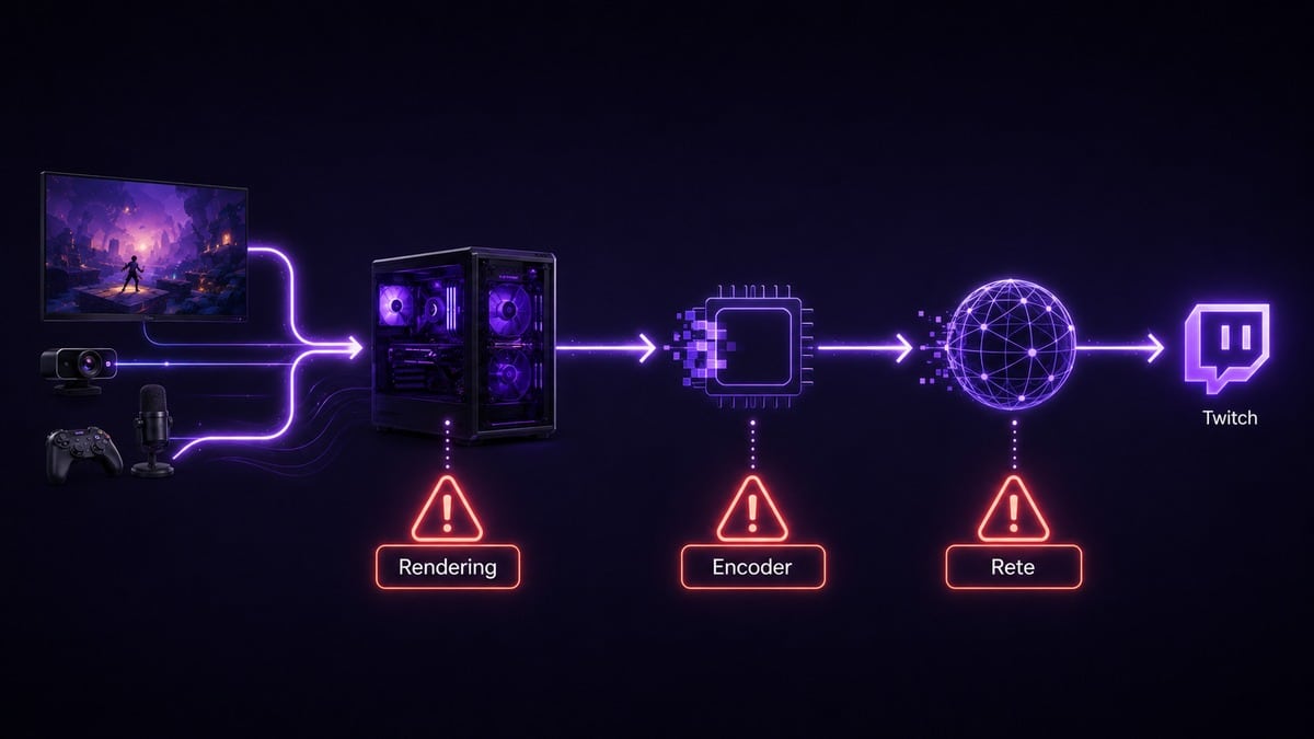 Come streammare su Twitch: guida completa per PC, telefono e console 2 Diagramma che distingue problemi di rete, rendering lag ed encoder overload durante una live Twitch