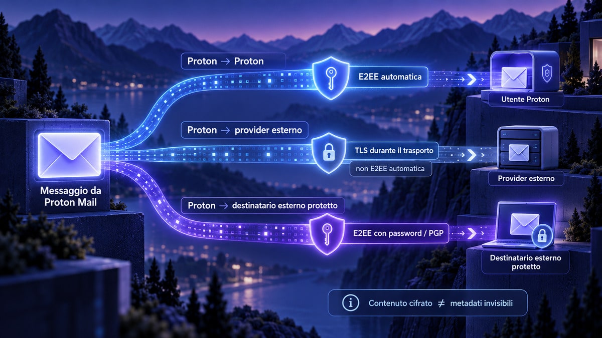 ProtonMail (Proton Mail): cos’è, come funziona, prezzi, sicurezza e limiti 1 Schema dei livelli di protezione per email Proton verso utenti Proton e provider esterni