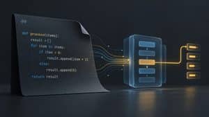 Codice Python in un file .py rappresentato mentre viene trasformato in istruzioni eseguibili
