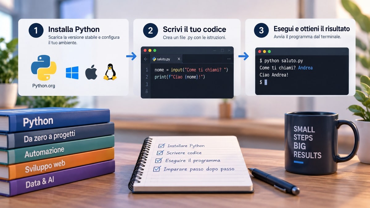 Programmare in Python: guida pratica da zero con esempi 1 Flusso visuale dal codice Python al traceback e alla correzione dell’errore